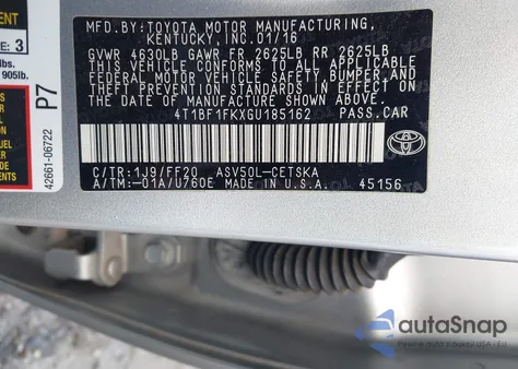 2016 Toyota Camry Se из США, поврежденный, VIN 4T1BF1FKXGU185162